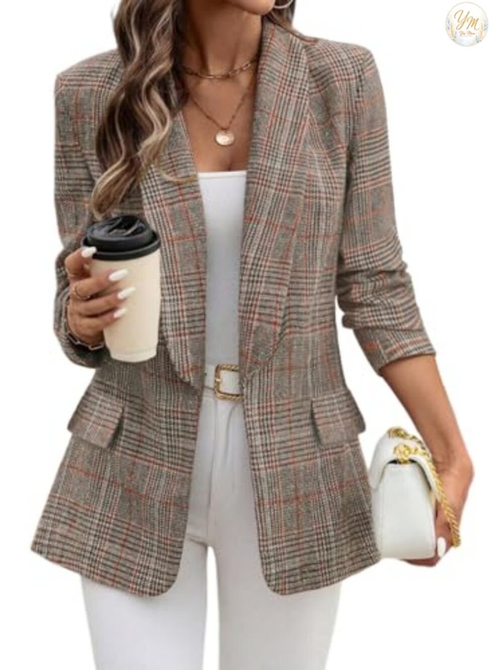 Womens Shawl Collar Plaid Blazer - Business Casual Long Sleeve